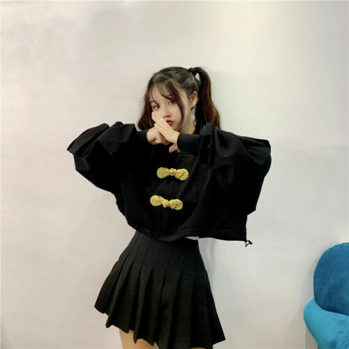 Women Girl Harajuku Coat Pullover Top Short Punk Batwing Chinese Knot Button Red
