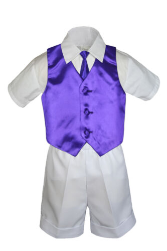 4pc Boys Toddler Formal Baby White Shorts Color Vest and Clip on Necktie S-4T