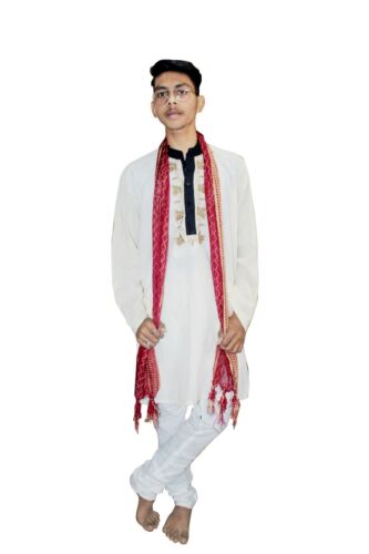 Men's Silk Kurta Pajama & Dupatta Set Embroidered Kurta White Color Plus Size 