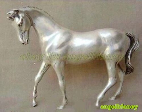 10" antique excellent old carved statue Tibet Silver Horse 25CM 