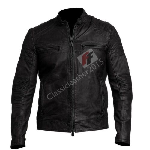 Mens Biker Vintage Distressed Black Cafe Racer Motorcycle Black Leather Jacket