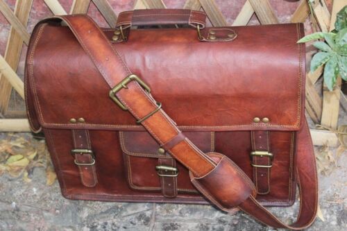 New Large Brown Leather Messenger Satchel Bag Shoulder Laptop Bag Briefcase 