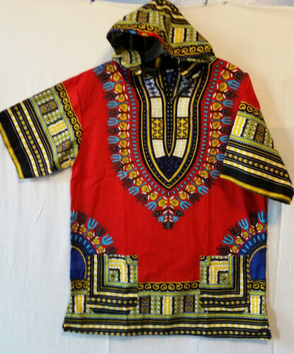 Men Women African Dashiki Hoodie Top W/ Hood Traditional Blouse Red M L XL 