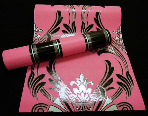 Vinyle Papier Peint Atlanta Ornement Design Papier Peint Rose lackschwarz avec Argent 95703 -