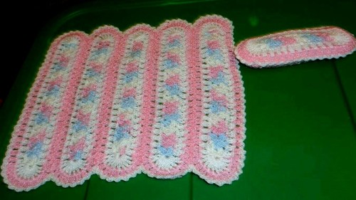 Handmade Doll Afghan with Pillow-Pink//White and Blue