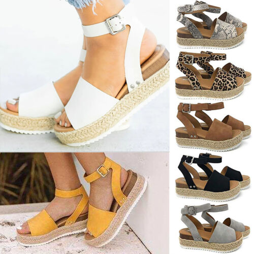 New Womens Ladies Flatform Espadrille Sandals Wedge Ankle Buckle Open Toe Shoes