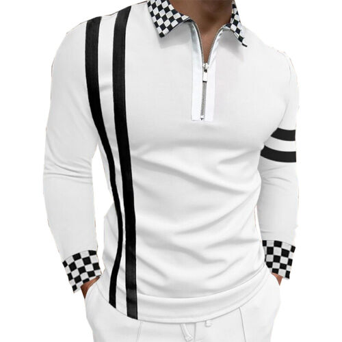 Mens Long Sleeve T-Shirts Zipper Stripe Tops Printed Lapel Tee Fashion Slim