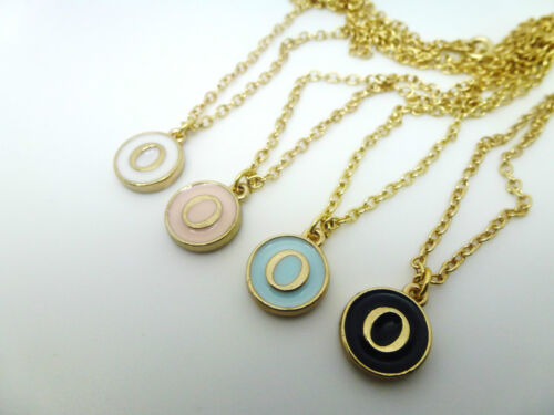 ROUND ENAMEL & GOLD LETTER O INITIAL CHARM  NECKLACE IN PINK BLUE BLACK OR WHITE 