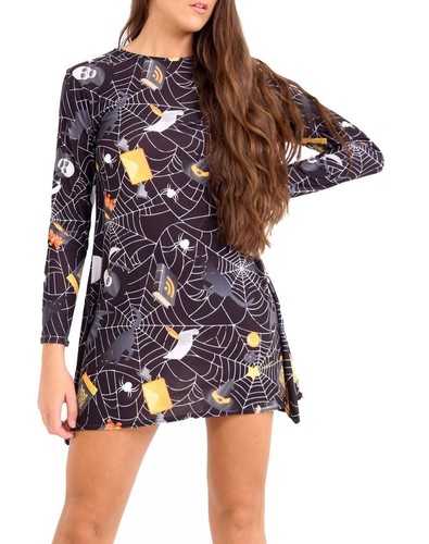 Da Donna con Manica Lunga Dolcetto o Scherzetto Stampa Fantasia Abito Svasato Swing Top LOTTO