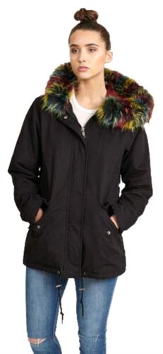 Womens faux Fur Detail Short Cotton Twill Parka Hooded Jackets Coats 8-16