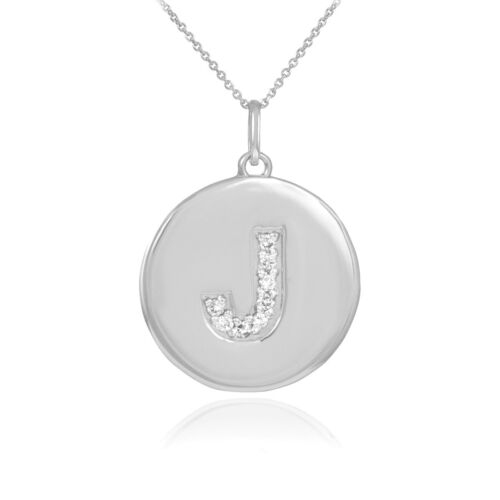 10k White Gold Letter "J" Initial Diamond Disc Charm Pendant Necklace 