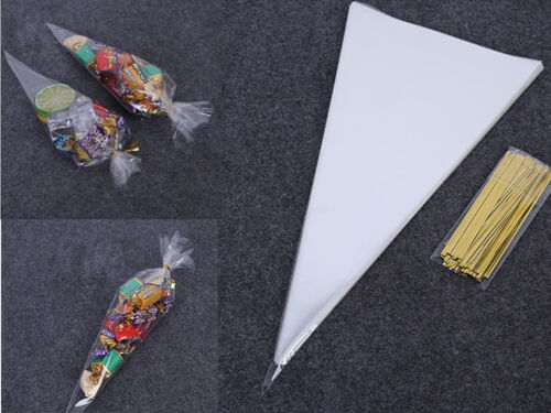 100 Clear Cellophane Cone Bags Twist Ties Large Party Sweet Candy Kids Gifts UK