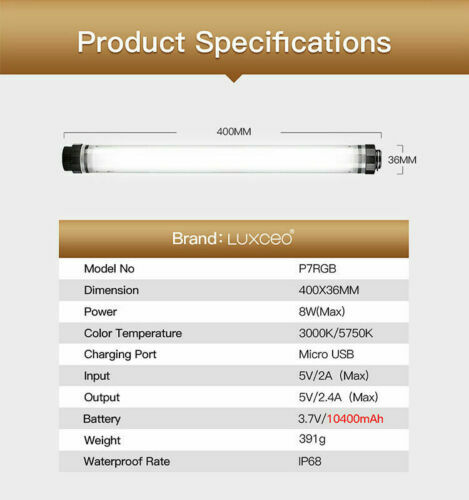 LUXCEO P7 RGB Waterproof Handheld RGB LED Video Photography Light 3000//5750K UK