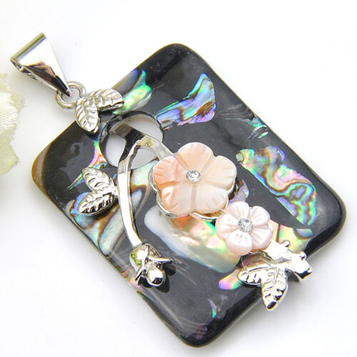 Rectangle Genuine Handmade Abalone Shell Carved Shell Silver Necklace Pendants