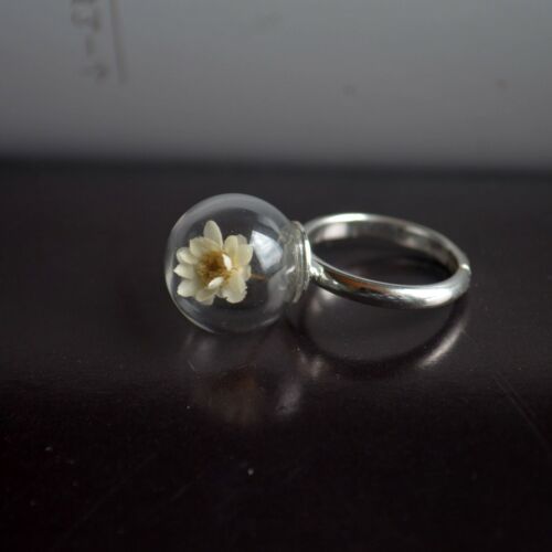 Details about   Daisy White Real Flower Glass Ball Resizable Copper Rings For Women Boho Vintage 
