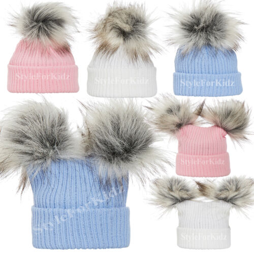 3-6 MONTHS BABY GIRLS BOYS KNITTED POMPOM HATS PINK BLUE WHITE BOBBLE CAP 0-3