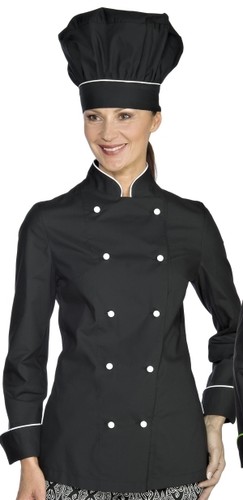 Completo GIACCA e CAPPELLO Cuoco Donna Cuoca NERA Profili Bianchi Super Leggera