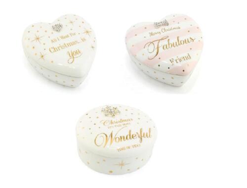 Heart Or Circle Shape Diamonte Crystal Ornament Jewellery Bone China Trinket Box