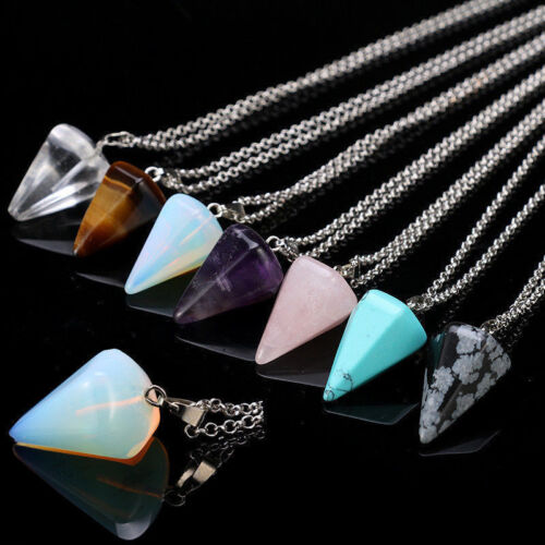 Chakra Crystal Quartz Gemstone Pendulum Healing Dowsing Reiki Pendant Chains SL 