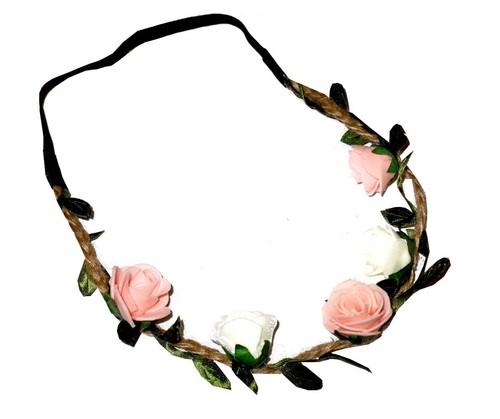 MINI ROSES GARLAND ALICE BAND HAIR HEAD HEADBAND TAN PLAIT BLACK ELASTIC