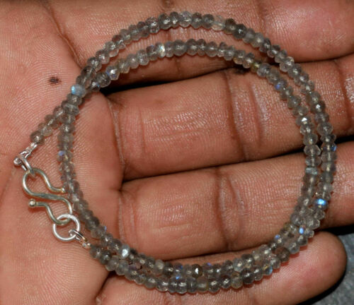 Blue Labradorite 3mm Round Cut Beads 925 Sterling Silver 16" Strand Necklace IK4 