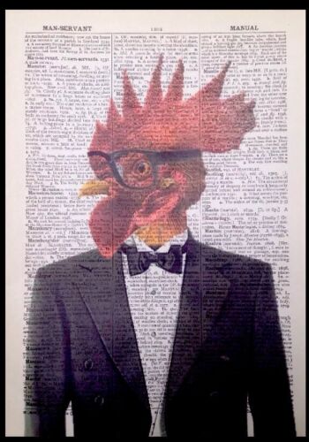 Rooster Chicken Cockerel Vintage Dictionary Print Page Picture Animal In Clothes