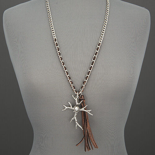Silver Chain Leather Fringe Tassel Deer Antler Bohemian Pendant Necklace