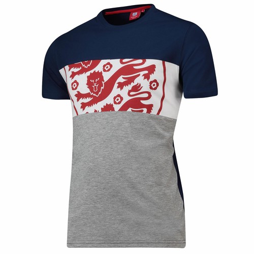 Inghilterra Cut And Sew T Shirt Tee Top Blu Navy con Marchio da Uomo fanatici di calcio.