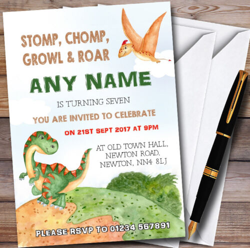 Watercolour Dinosaur Personalised Childrens Birthday Party Invitations