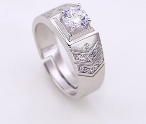 Men Silver Cubic Zirconia Round Engagement Wedding Ring Adjustable Gift Box I36