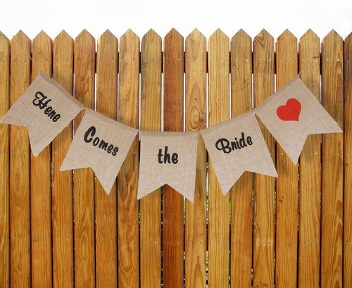 Here Comes the Bride Rustic Handhold Flag Bunting Wedding Party Decoration