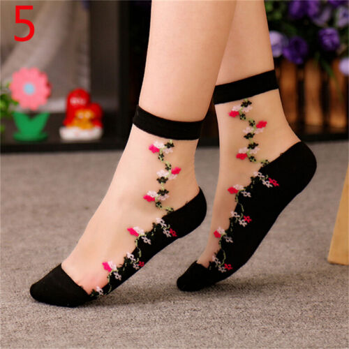 Women Crystal Sock Sheer Thin Ice Silk Black Lace Ankle Flower Boat Socks NiWB 