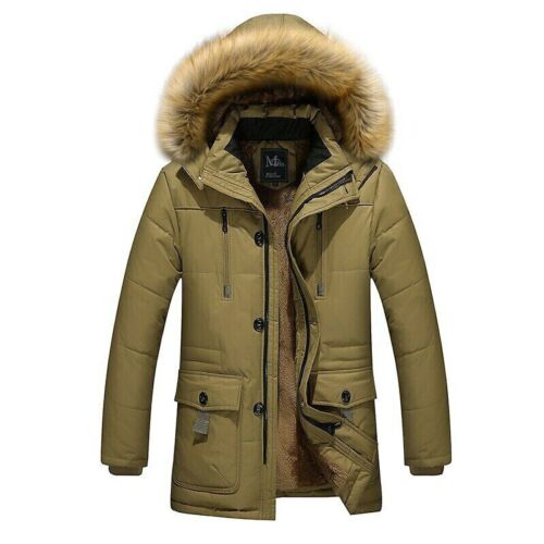 Mens Jackets Parka Parker Padded Lined Winter Jacket Faux Fur Hooded Warm Coat