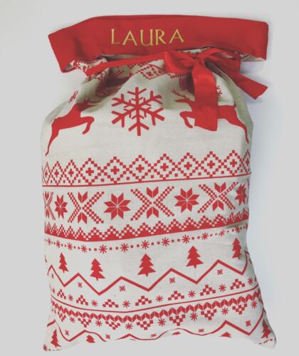 Personalised Embroidered Hessian Christmas Sack Nordic Style Large Xmas Stocking