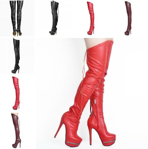 Femmes Talon Aiguille Haut Nightclub Dessus Genou Cuisse Bottes Chaussures Arrière Fermeture Éclair Chaussures