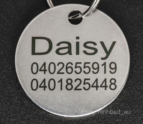 Stainless Steel Circle Pet Tag Engraved & ring Dog Cat Name  Personalised Custom 