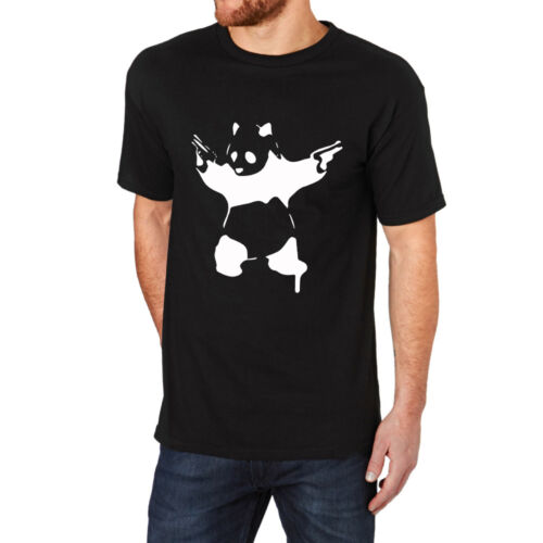 Loo Show Banksy Stencil Grafitti Panda with Gun Black Funny Crew T-Shirt Men Tee