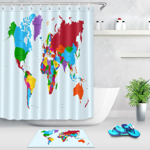 Map Design Shower Curtain Set, World Map Shower Curtain Fabric