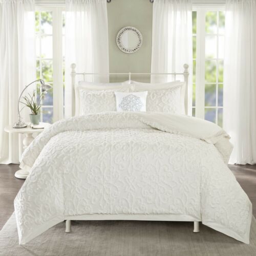 White 4 Piece Bed in a Bag Comforter Bedskirt Shams 100% Cotton Chenille 