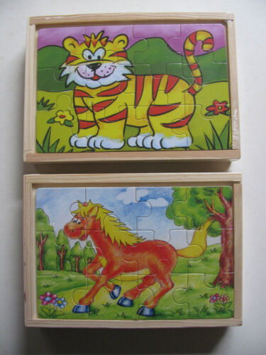 Jigsaw 12 Pieces Pcs 4 Boxed Set Wooden Box Storage Farm Jungle Horse Tiger BNIB