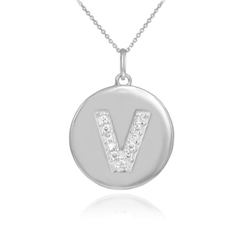 10k or Blanc Lettre /"V/" initial Diamond Disc Charme Collier Pendentif
