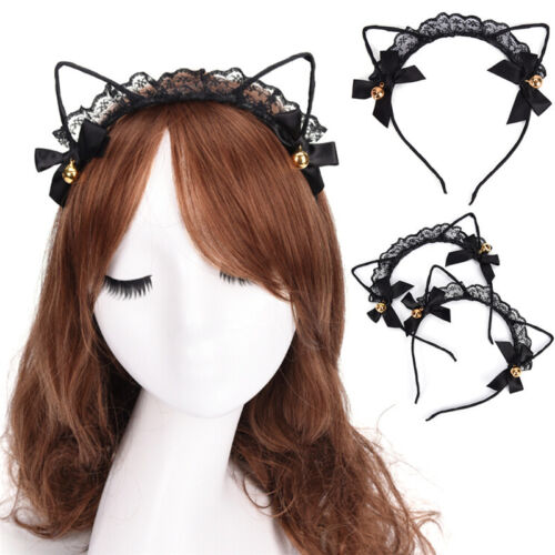 Women Lace Cat Ears Headband Bells Party Costume Fancy Dress Hair Hoop Hairba HL