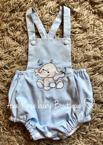 baby blue boys handmade embroidered elephant romper outfit