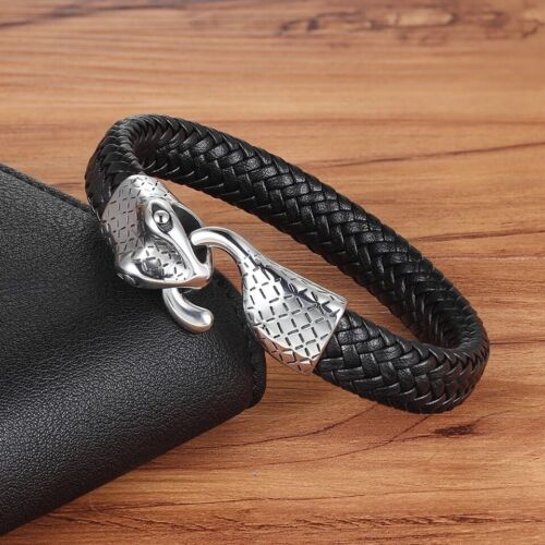 Men/'s Leather /& Snake Head Stainless Steel Thick Stacking Bracelet Silver Men