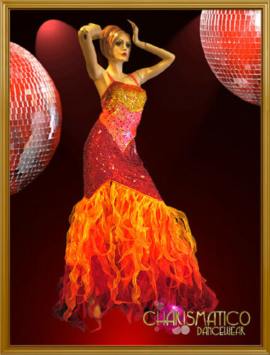 Iridescent triple-tone fire sequin drag queen gown with flame ruffles 