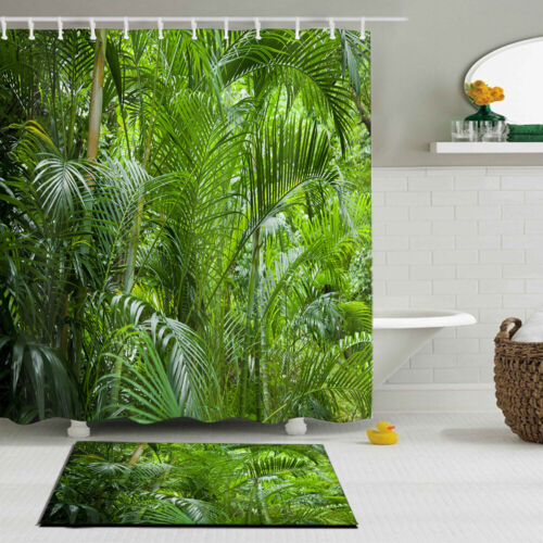 Tropical Green Jungle Palm Trees Polyester Fabric Shower Curtain Bathroom Hooks 