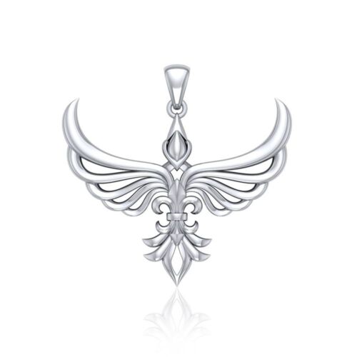 Phoenix with Fleur De Lis Sterling Silver Pendant by Peter Stone Fine Jewelry