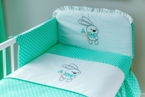 Babybett Klup mit 10-tlg Komplett-Set Bettwäsche Matratze Himmel Minze Farbe Neu