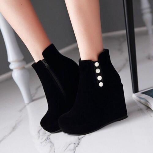 Womens Platform Wedge heel shoes Round toe Beads Decor Side zip Ankle boots CHIC