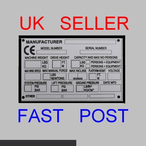 CHERRY PICKER SCISSOR TRAILER LIFT SKYJACK BLANK PLATE FROM VIN-PLATE-ESSENTIALS